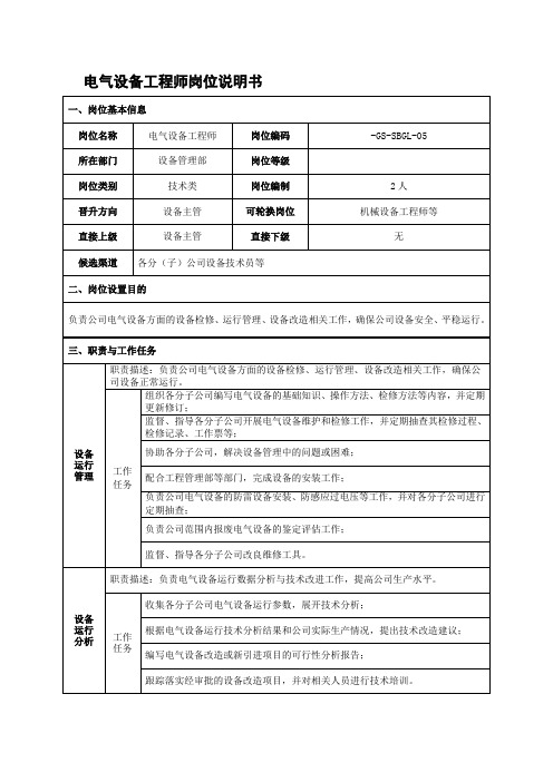 电气设备工程师岗位说明书