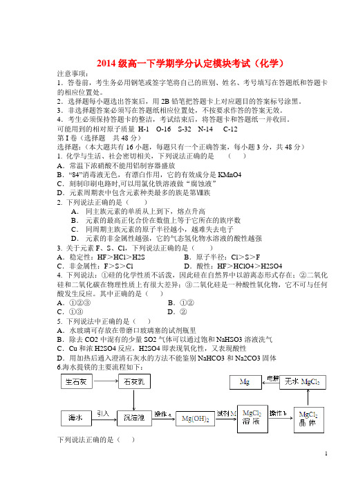 山东省淄博六中高一化学下学期学分认定考试试题