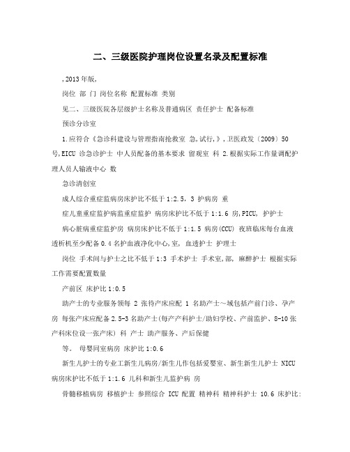 二、三级医院护理岗位设置名录及配置标准