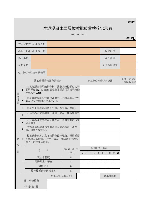 水泥混凝土面层检验批质量验收记录表