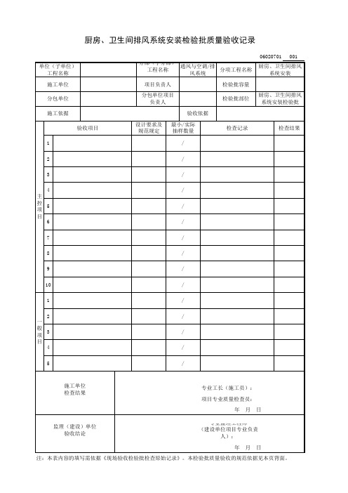 厨房、卫生间排风系统安装检验批质量验收记录