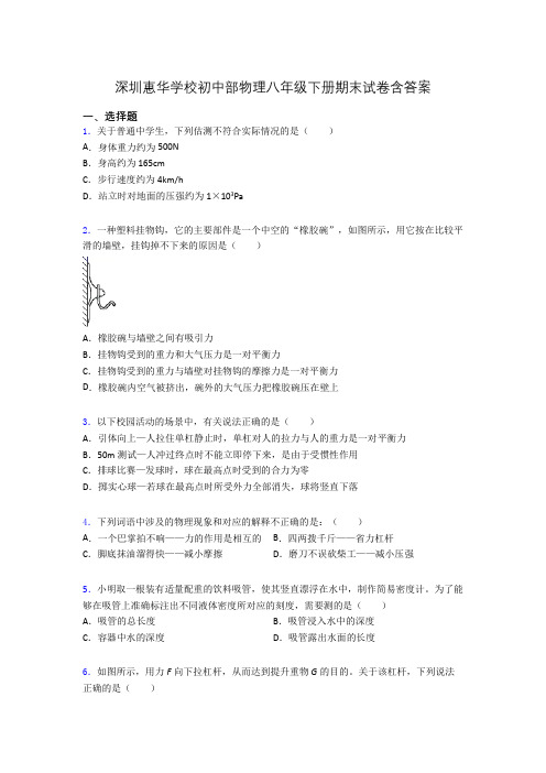 深圳惠华学校初中部物理八年级下册期末试卷含答案