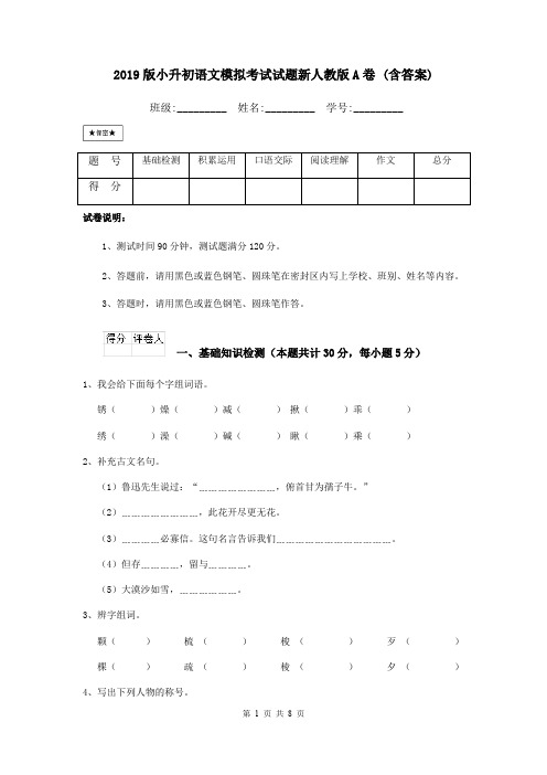 2019版小升初语文模拟考试试题新人教版A卷 (含答案)