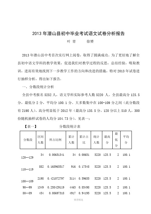 2013年潜山县初中毕业考试语文试卷分析报告