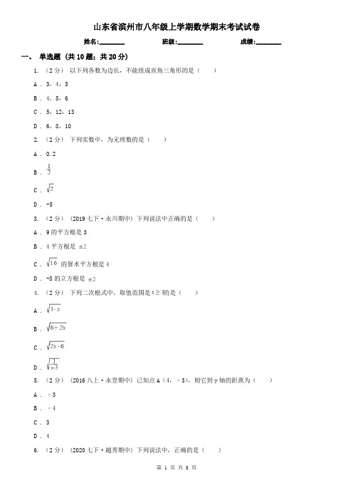 山东省滨州市八年级上学期数学期末考试试卷