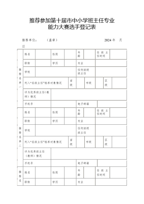 推荐参加第十届市中小学班主任专业能力大赛选手登记表