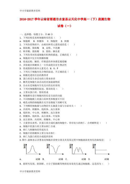 【中小学资料】云南省邵通市水富县云天化中学2016-2017学年高一生物下学期段测试题(一)(含解析)