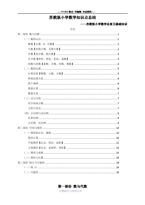 苏教版小学数学知识点汇总(有目录)