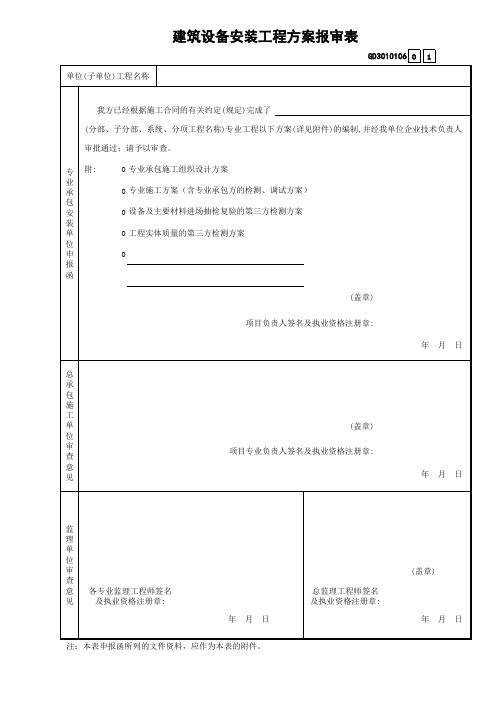 建筑设备安装工程方案报审表