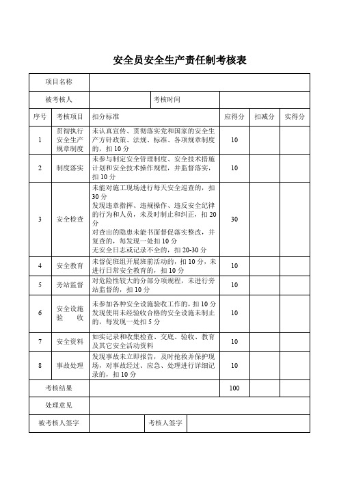 安全员安全生产责任制考核表