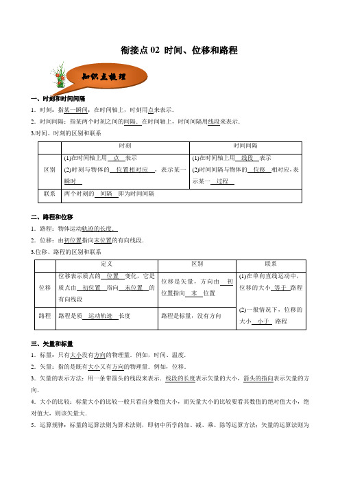 衔接点02 时间、位移和路程-2020年 初高中衔接物理(原卷版)