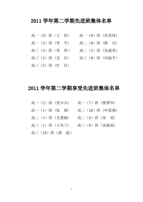 2011学年第一学期先进班集体名单