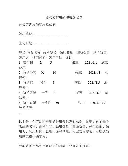 劳动防护用品领用登记表