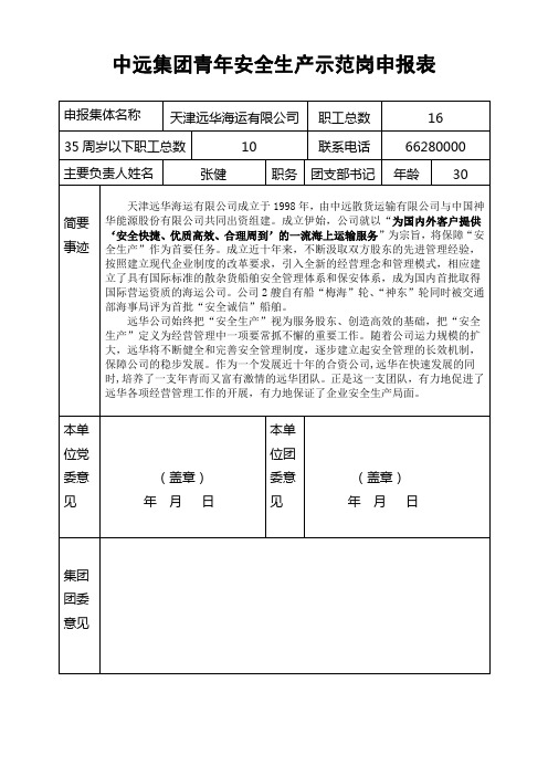 中远集团青年安全生产示范岗申报表