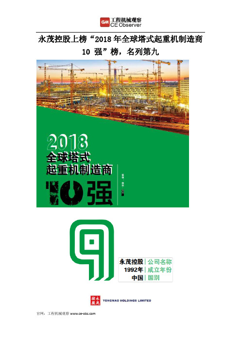 永茂控股上榜“2018年全球塔式起重机制造商10 强”榜,名列第九