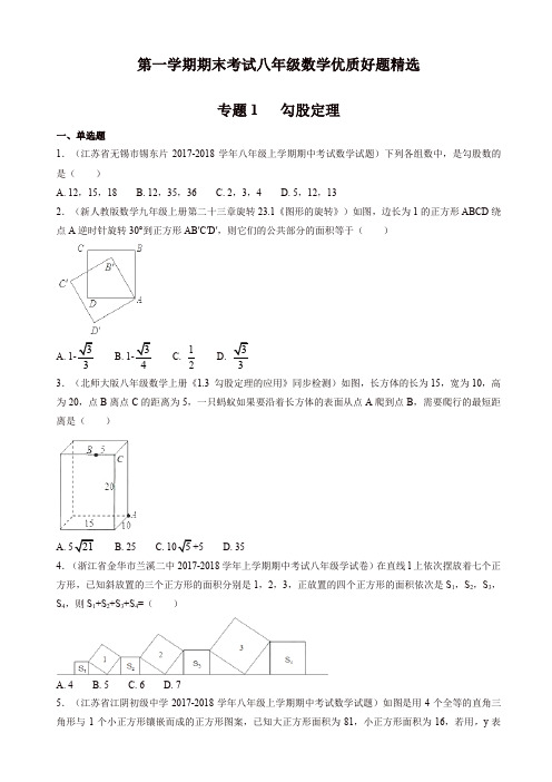 2019年人教版八年级数学上学期期末考试优质好题精选-勾股定理[精]