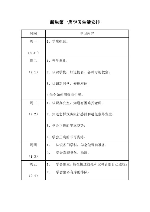 一年级新生各周学习安排