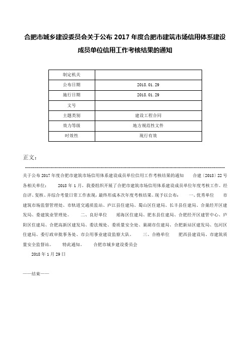 合肥市城乡建设委员会关于公布2017年度合肥市建筑市场信用体系建设成员单位信用工作考核结果的通知-