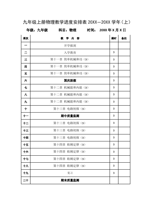 初三九年级上册物理教学进度安排表[最新]