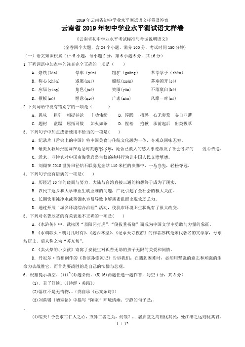 2019年云南省初中学业水平测试语文样卷及答案