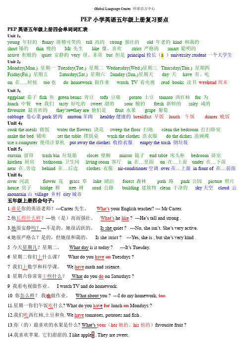 PEP小学英语五年级上册单词、重点句型、语法简单归纳