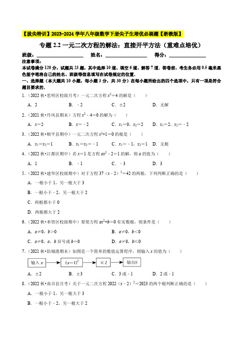 专题2-2一元二次方程的解法：直接开平方法(重难点培优)--2023-2024(0002)