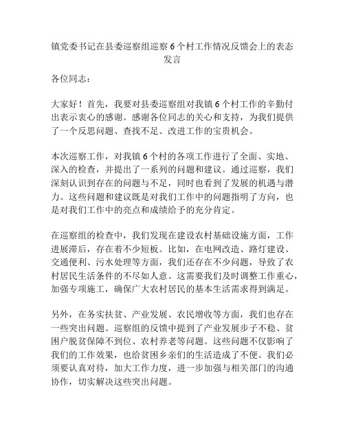 镇党委书记在县委巡察组巡察6个村工作情况反馈会上的表态发言