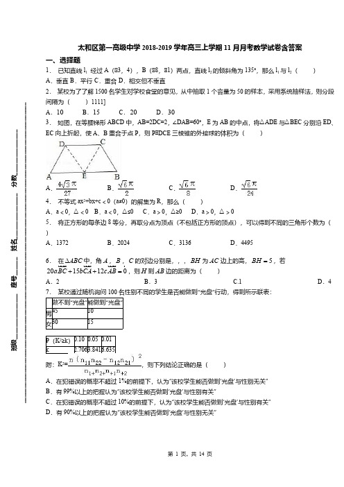 太和区第一高级中学2018-2019学年高三上学期11月月考数学试卷含答案