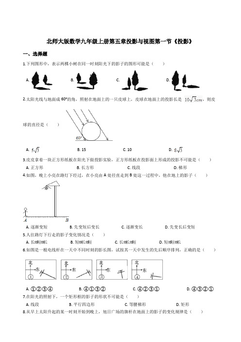 北师版九年级初三数学上册第五章投影与视图第一节《投影》》试卷