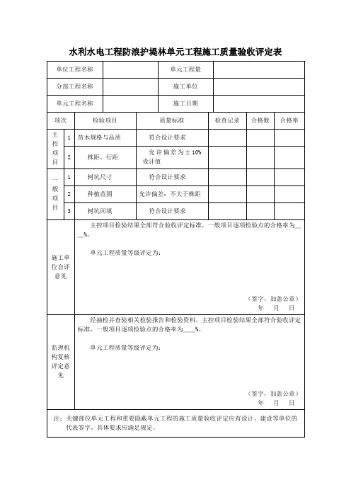 水利水电工程防浪护堤林单元工程施工质量验收评定表