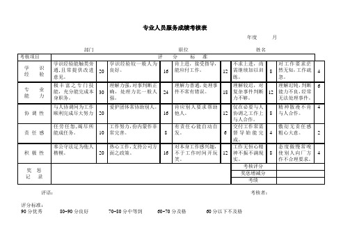 专业人员服务成绩考核表