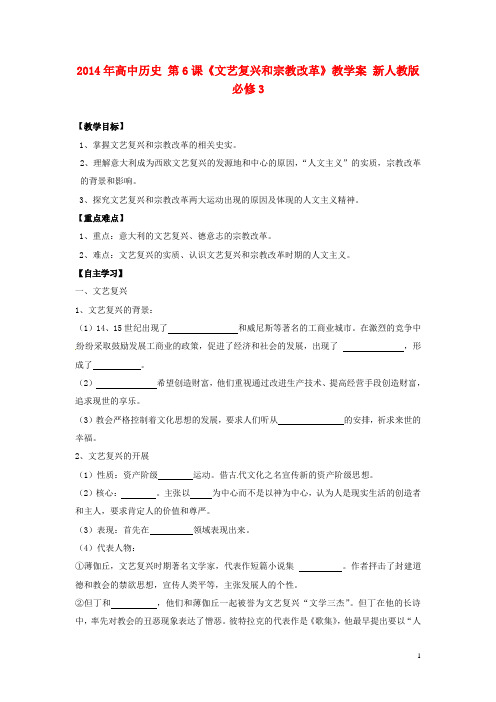 高中历史 第6课《文艺复兴和宗教改革》教学案 新人教版必修3