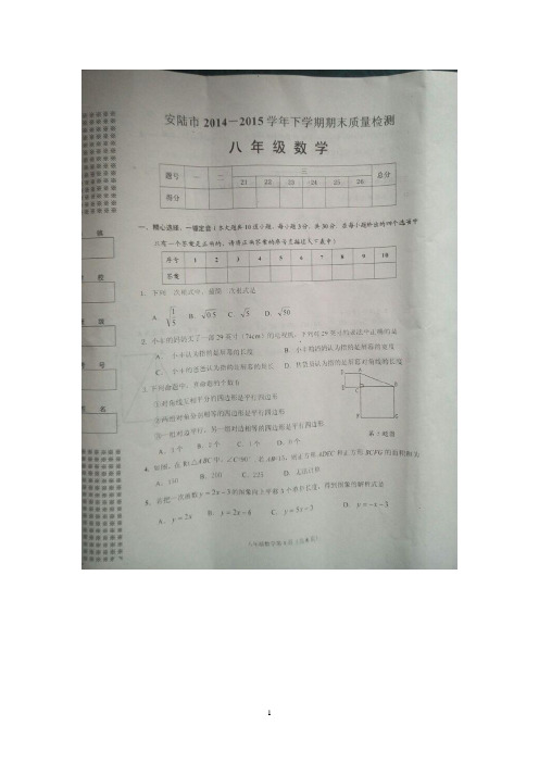 湖北省安陆市2014-2015学年八年级下学期期末质量检测数学试题(图片版)及答案