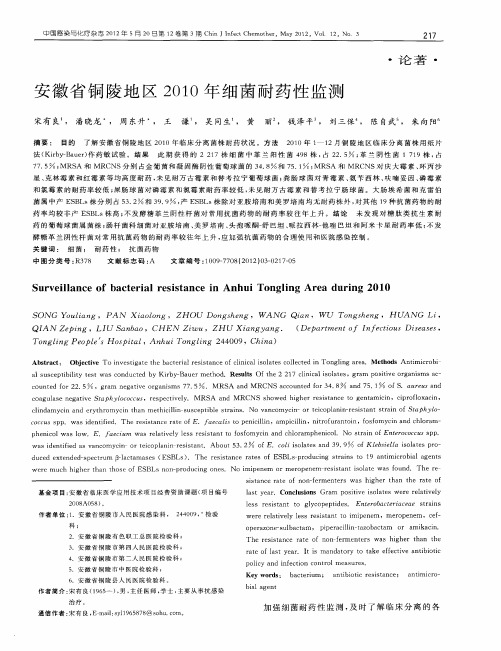 安徽省铜陵地区2010年细菌耐药性监测