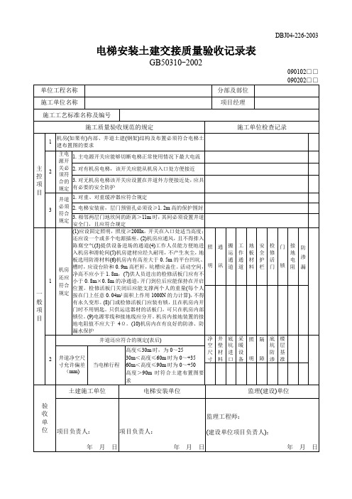 【工程文档】电梯安装土建交接质量验收记录表