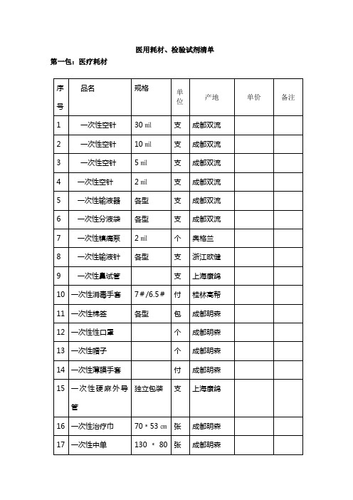 医用耗材、检验试剂清单.