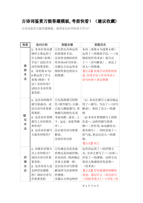 古诗词鉴赏万能答题模板