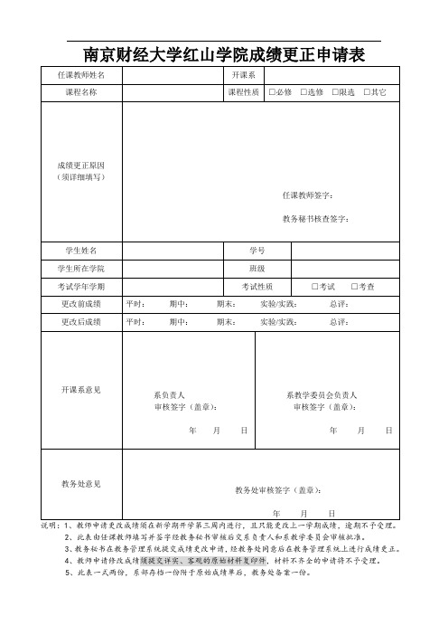 南京财经大学红山学院成绩更正申请表