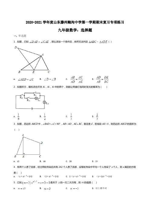 山东省滕州市鲍沟中学2020-2021学年度第一学期九年级数学期末复习专项练习：选择题