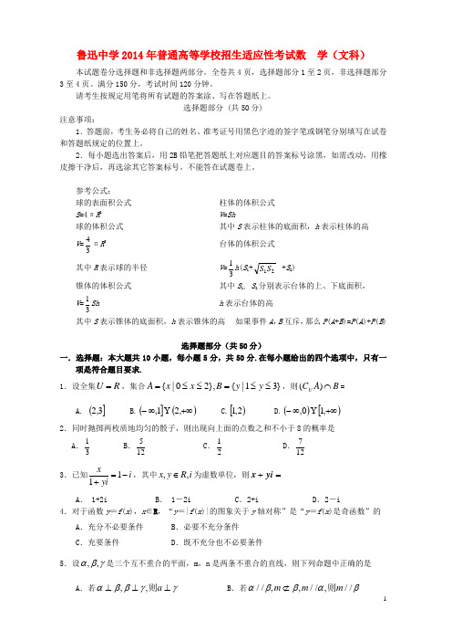 浙江省绍兴县鲁迅中学2014届高考数学适应性考试 文 新人教A版