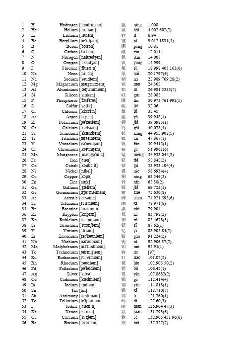 元素周期表+英文+音标+中文+拼音+原子质量