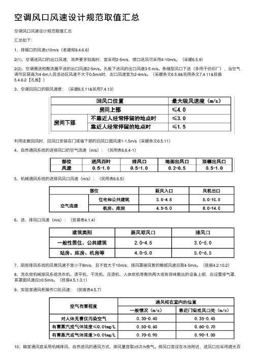 空调风口风速设计规范取值汇总