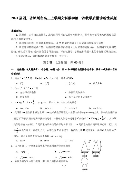 2021届四川省泸州市高三上学期文科数学第一次教学质量诊断性试题