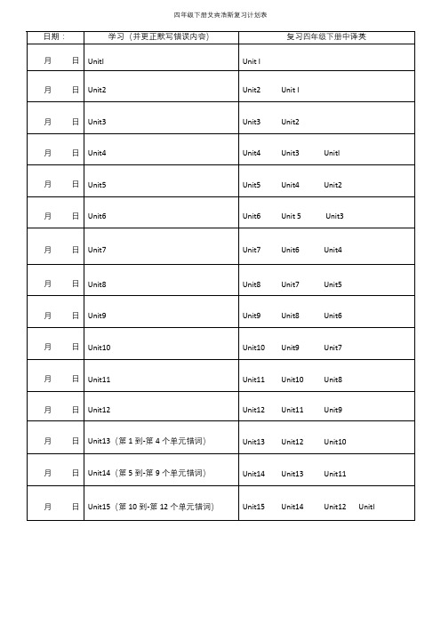 四年级下单词中英互译复习表