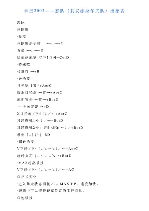 拳皇2002——怒队(莉安娜拉尔夫队)出招表