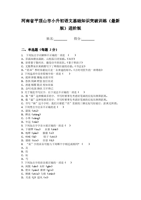 河南省平顶山市小升初语文基础知识突破训练(最新版)进阶版