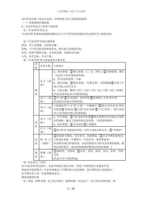 高中历史必修三知识点总结中国传统文化主流思想的演变