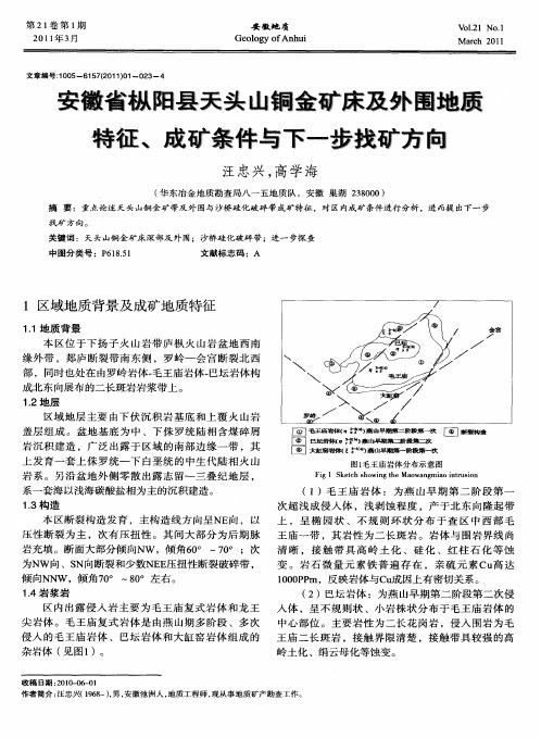 安徽省枞阳县天头山铜金矿床及外围地质特征、成矿条件与下一步找矿方向