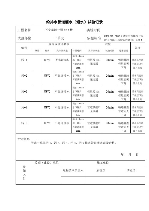 给排水管道灌水通水试验记录