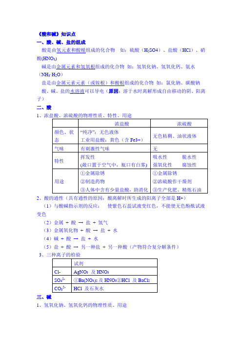 初三化学《酸和碱》知识点、习题及答案